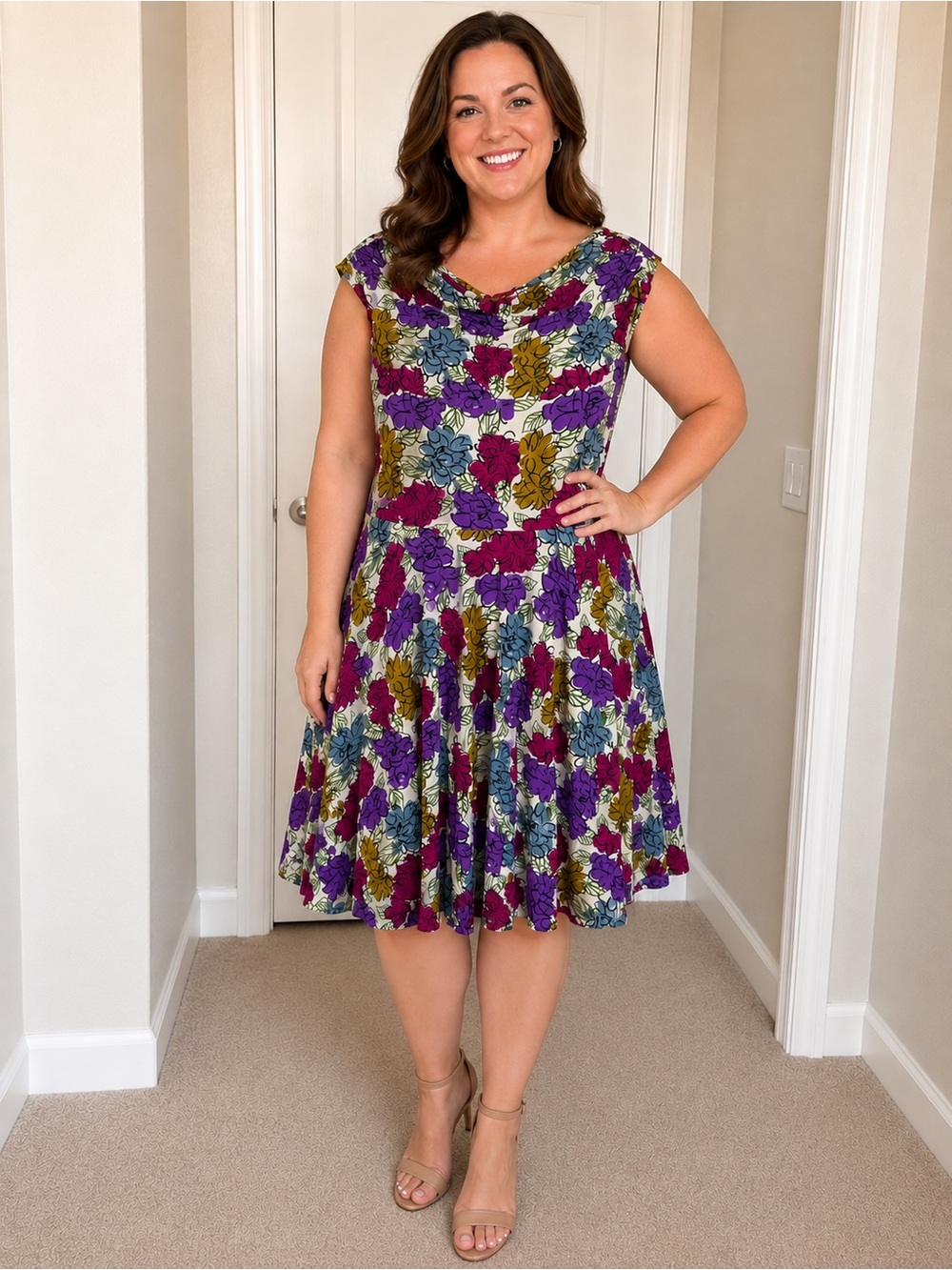 Effie’s Heart Venice Dress 1X NWT Purple Floral May Print Off Shoulder Tie Belt